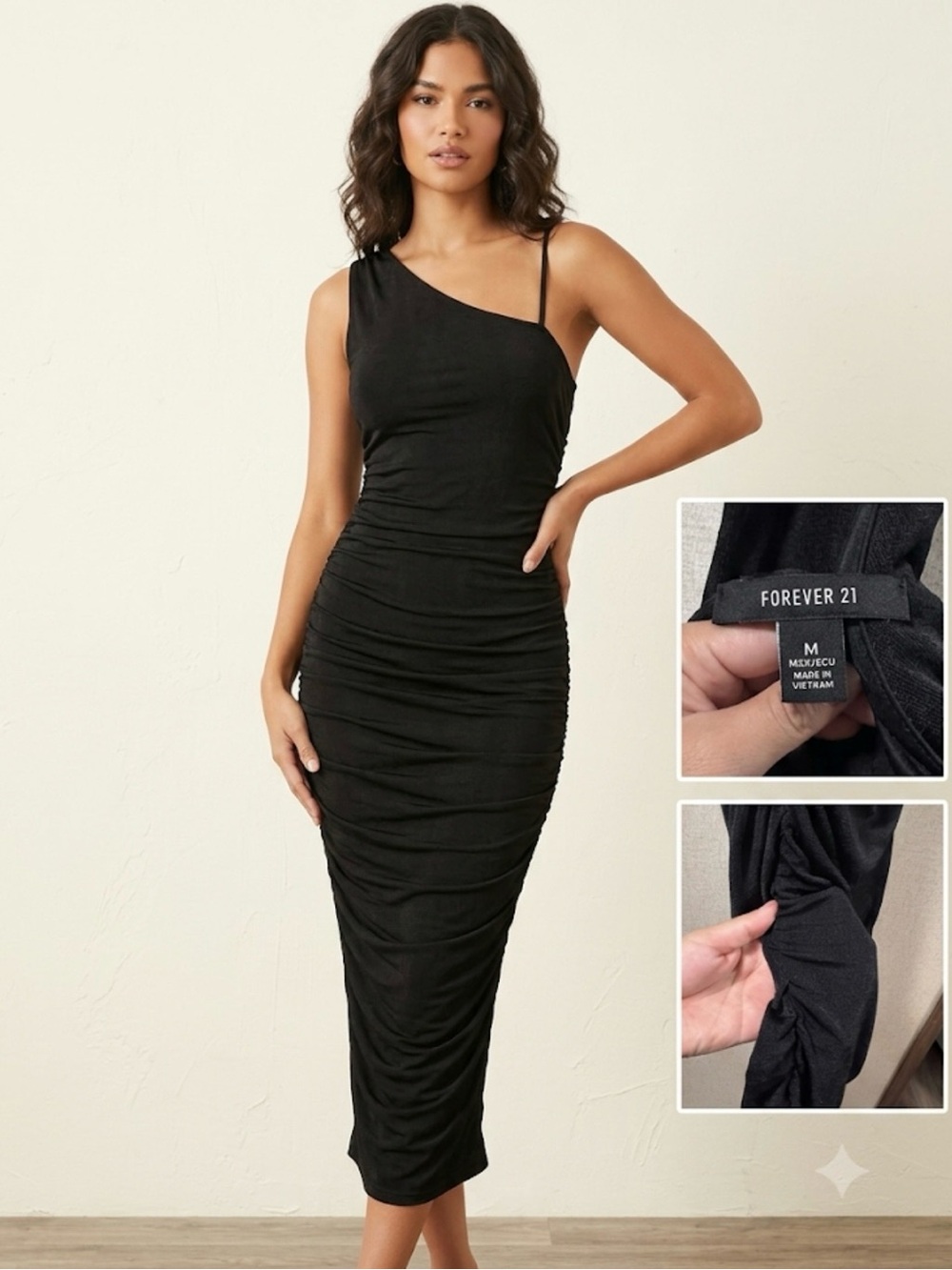 Forever 21 Black One-Shoulder Ruched Midi Dress